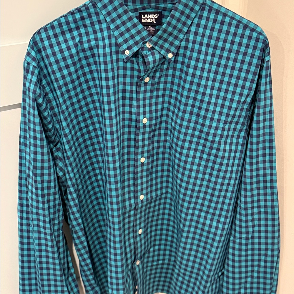 Lands' End Men's Teal and Black Checkered Shirt